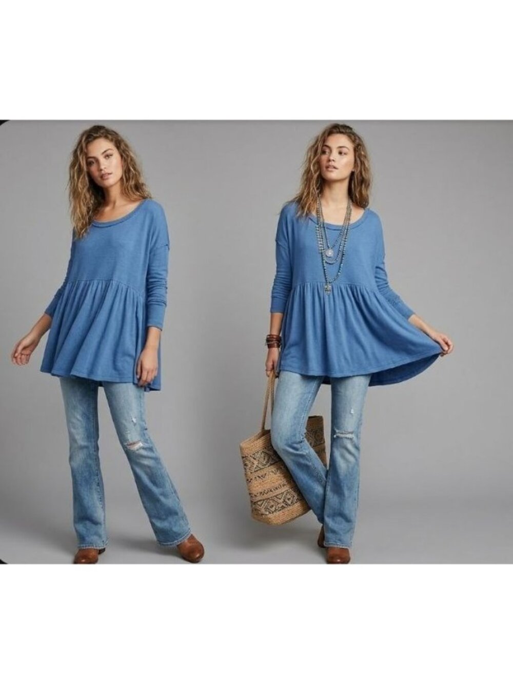 Free People Blue Babydoll Tunic Top Women’s XL Relaxed Fit